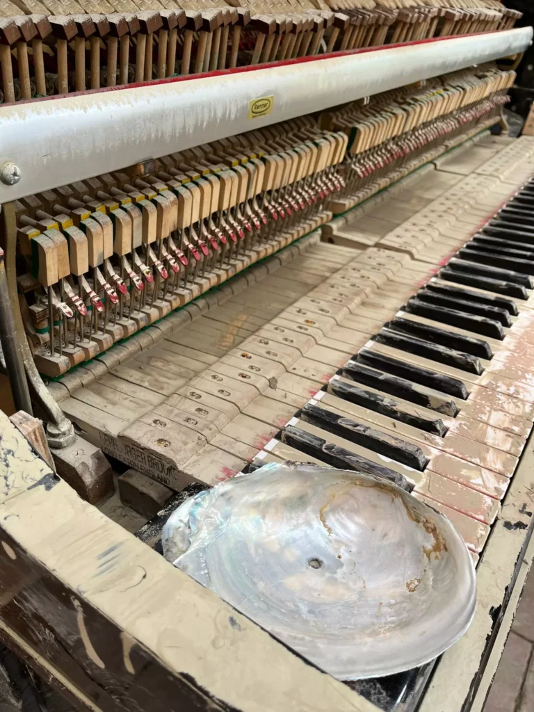 Dettagli di un pianoforte danneggiato da alluvione