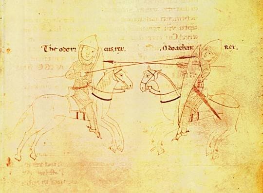 disegno a mano medievale di combattimento tra cavalieri