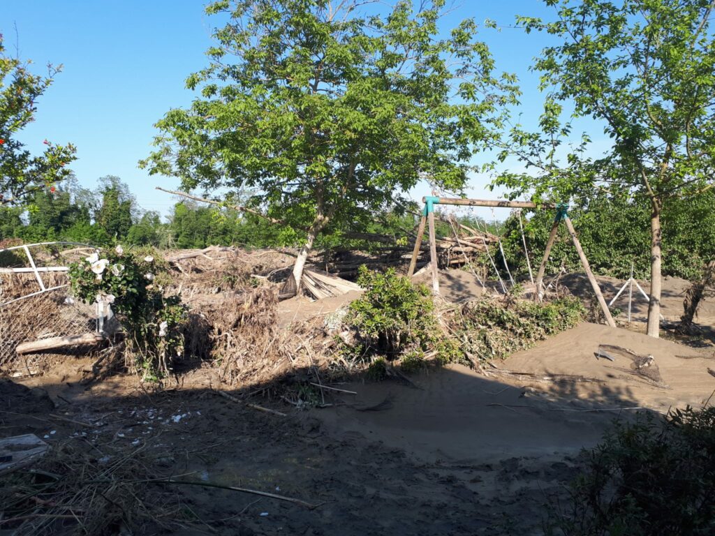 giardino alluvionato pieno di fango e con devastazione negli alberi